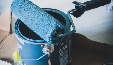 blue and white can on white table